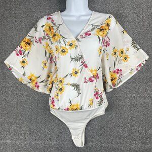 Express Bodysuit Womens Size XS Faux Wrap Boho Flowy Sheer Hippie Floral Office